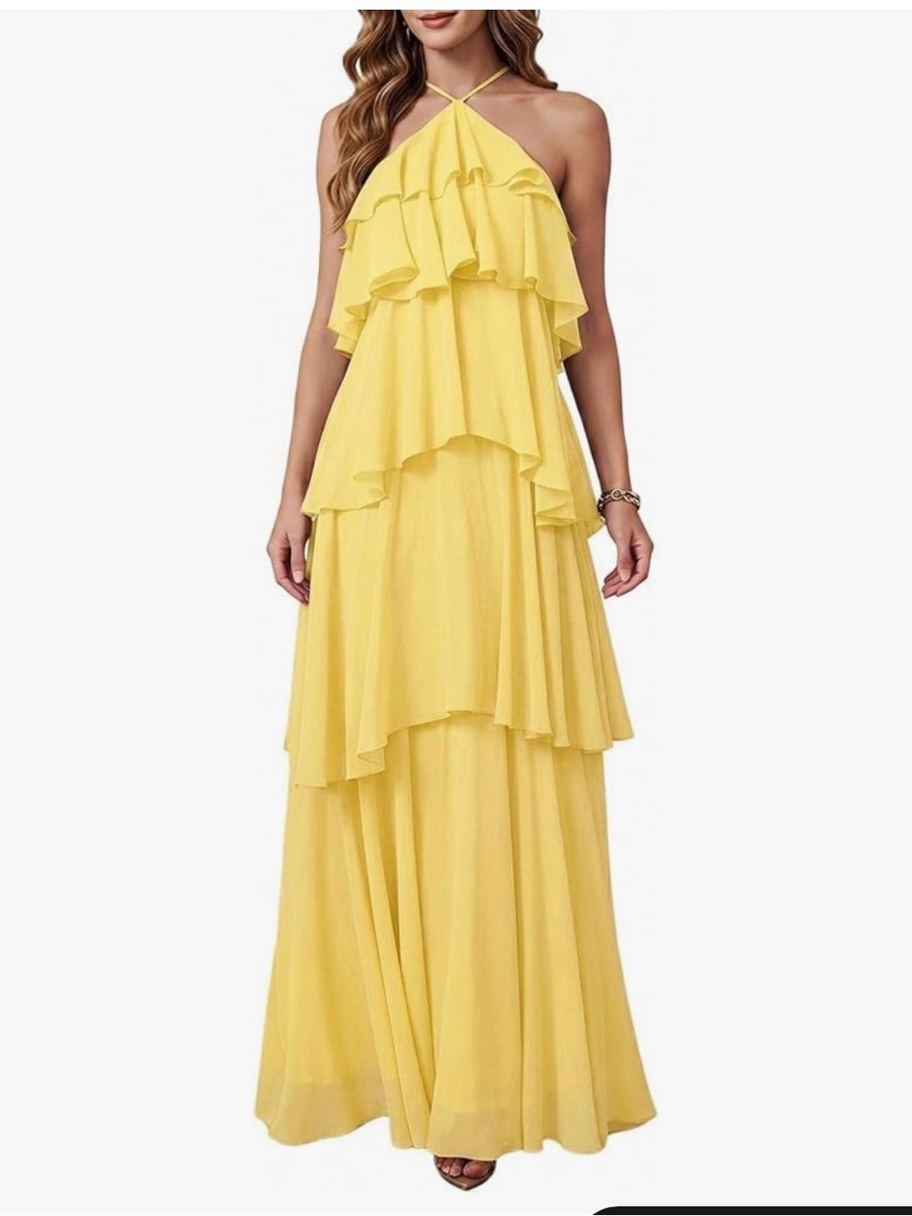 Sunshine Yellow Ruffle Halter Maxi Dress